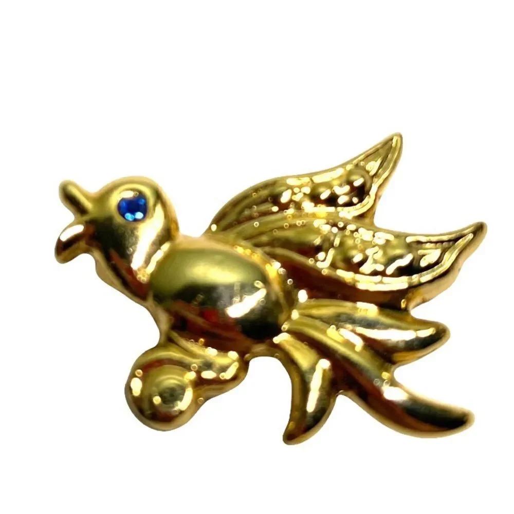 Vintage Chick Bird Brooch Pin in Gold Tone with Blue Rhinestone